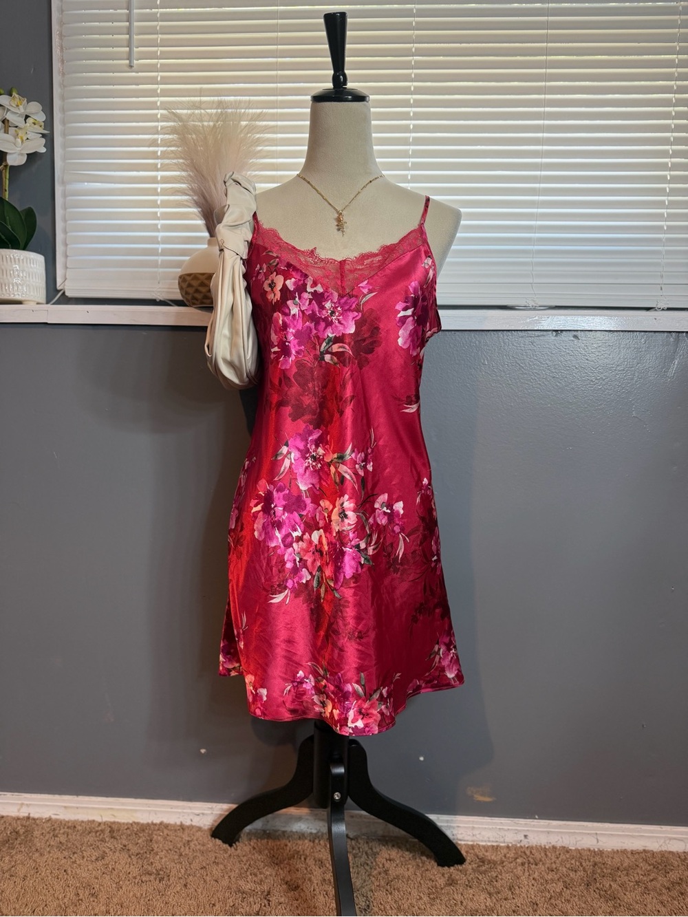 Linea Donatella Pink Floral Satin Lace Trim Slip Dress Size L